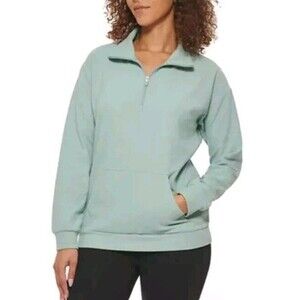 Marc New York 1/4 Zip Pullover Sweatshirt Women Small Ribbed Green POCKETS Top
